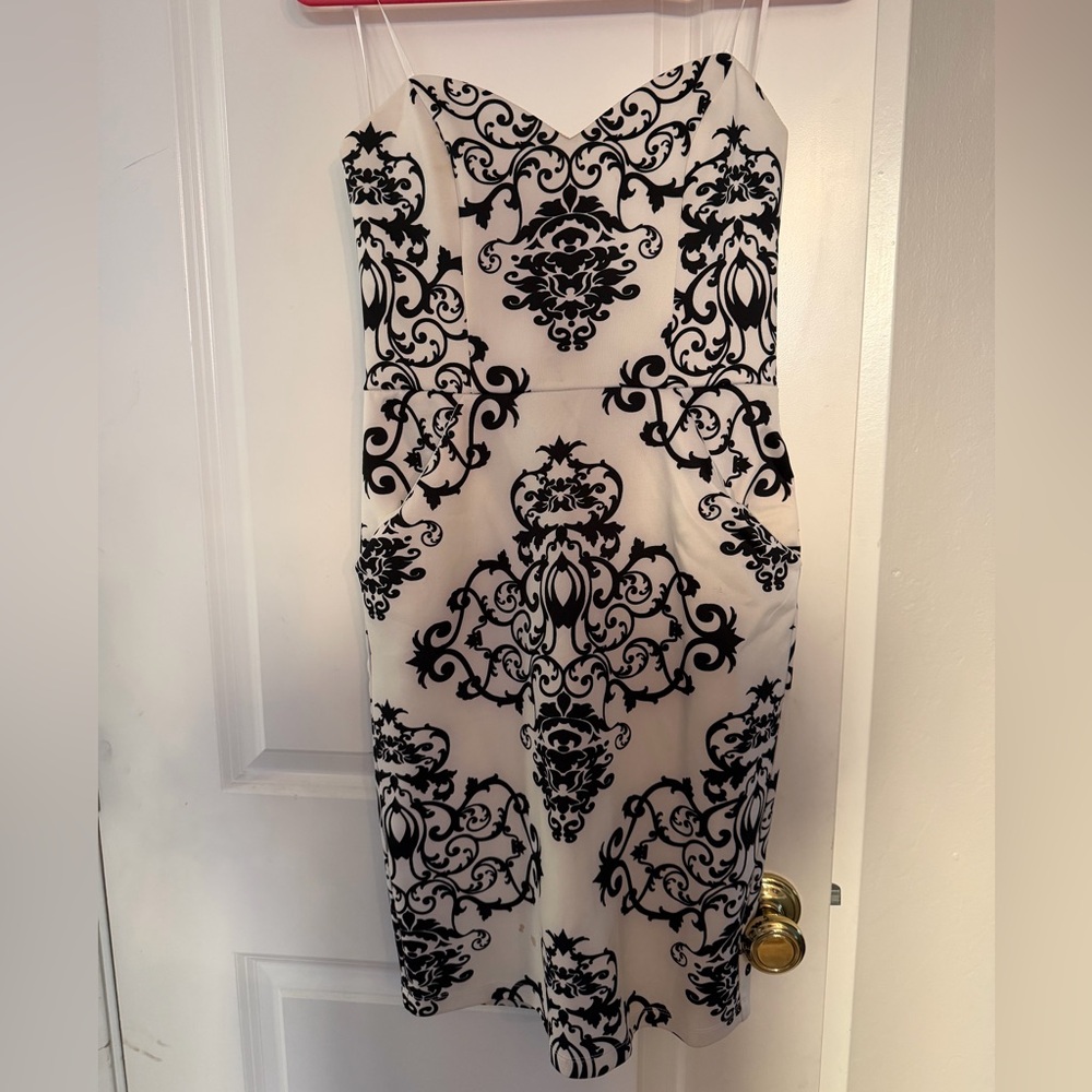 B Darlin Chic Strapless Sheath Black and White Dress with pockets